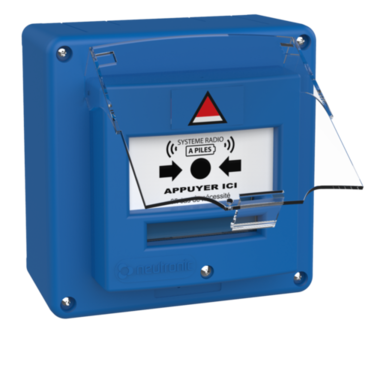 DM 1 contact en saillie ou encastrable BLEU "APPUYER ICI" + CAPOT  (NEU-5710C1C)