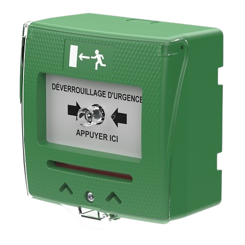 Déclencheur manuel vert 2 contacts + buzzer et led + capot