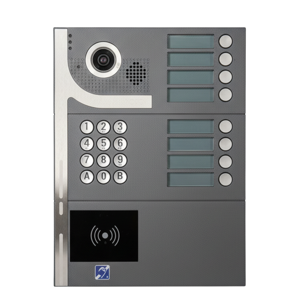 Interphone Vidéo 8 boutons avec clavier codé 12 + lecteur de badges mains-libres
